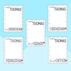 May include: Five printable classroom door signs with a white background and black polka dots. Each sign features the text "Mrs. Thomas" and a different role, including "Principal", "Librarian", "Front Office", and "First Grade".