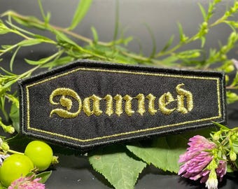 Damned Coffin Patch Embroidered Metallic Gold Detail - Iron On or Hook Fastener Options