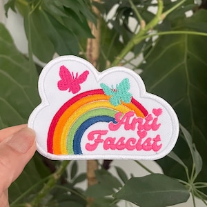 Embroidered Patch - Cloud Rainbow Anti-Fascist  - Iron on OR Hook Fastener Backing Options