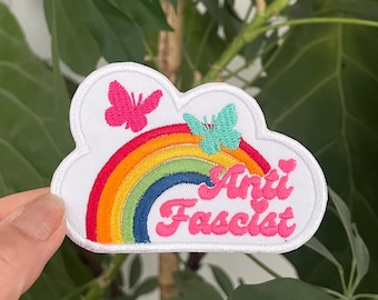 Embroidered Patch - Cloud Rainbow Anti-Fascist  - Iron on OR Hook Fastener Backing Options