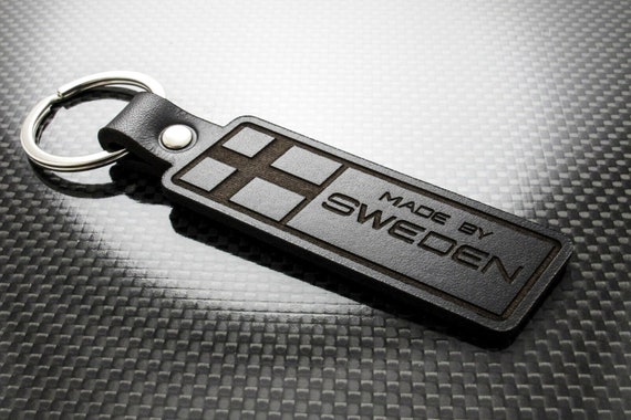 Volvo Genuine Black Leather Rectangular Silver Logo Key Chain Fob Ring
