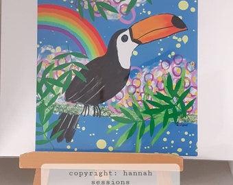 Colourful toucan and rainbow square  giclee art print on sale special price