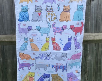 CAT LOVER tea towel, cat breeds, illustrated cats