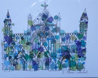 Blue St. Albans cathedral A4 art print