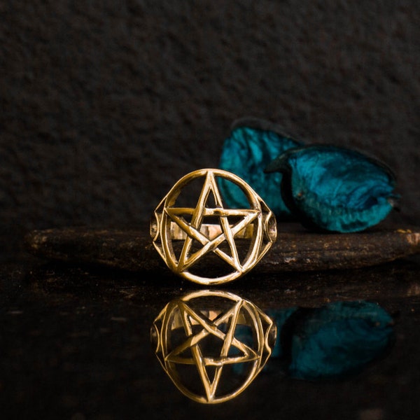 14k Gold Pentagram Ring women, Star Pentagram ring, Pagan gold ring women, Wiccan gold ring, Gold pentacle ring,Gold pentagram pentacle ring