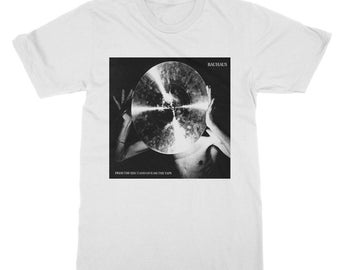 May include: A white t-shirt with a black and white image of a record and the text "BAUHAUS" and "PRESS THE EJECT AND GIVE ME THE TAPE".
