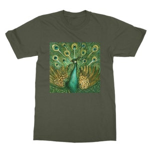May include: A green t-shirt with a peacock illustration in the center. The peacock has a green body, gold feathers, and blue eyes.