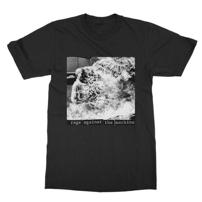 May include: Black t-shirt with a black and white image of a person engulfed in flames. The text "rage against the machine" is printed below the image.