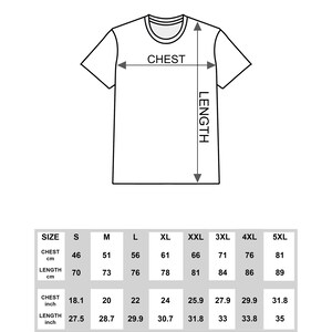May include: Size chart for a classic adult t-shirt with measurements in inches and centimeters. The chart shows chest and length measurements for sizes S through 5XL.