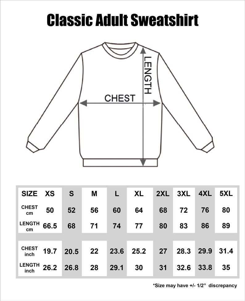 K&ouml;nnte beinhalten: Gr&ouml;&szlig;entabelle f&uuml;r einen klassischen Erwachsenen-Sweatshirt in den Gr&ouml;&szlig;en XS bis 5XL. Die Tabelle zeigt die Ma&szlig;e in Zoll und Zentimetern f&uuml;r Brustumfang und L&auml;nge.