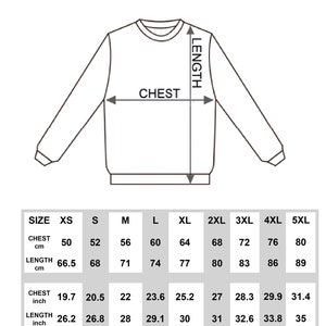 May include: Diagram of a classic adult sweatshirt with chest and length measurements in inches and centimeters. Size chart includes XS to 5XL, with chest measurements from 19.7 to 31.4 inches and lengths from 26.2 to 35 inches.