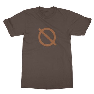 May include: A dark brown t-shirt with a brown circle with a diagonal line through it.