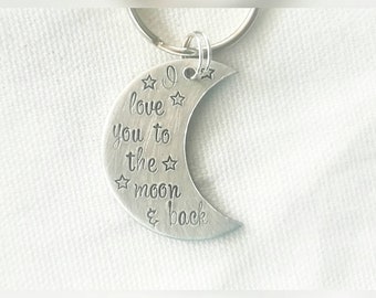 Handstamped I love you to the moon and back Anniversary Friendship Relationship LDR For Him For Her Gift Key Chain Key Ring