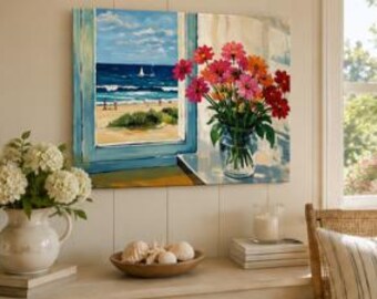 Original Acrylic Painting – Floral Still Life, Coastal Beach Scene, 11x14 Canvas