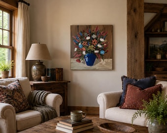 Original Acrylic Painting 16x20 | Blue Vase Wildflower Still Life | Rustic Cottage Wall Art