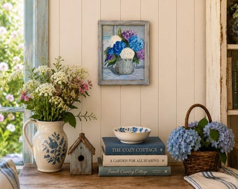 Sunday Hydrangeas | Original 11x14 Acrylic Painting | Blue Hydrangea Floral Art | Cottage Garden Wall Decor