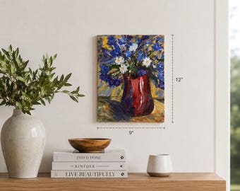 Red Vase with Blue Flowers | Original Acrylic Floral Painting | Colorful Impressionist Wall Art | 9x12