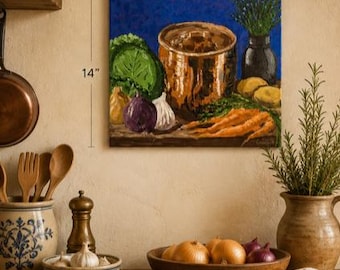 Gathering – Original 11x14 Copper Pot Still Life Painting | Rustic Kitchen Art | Colorful Original Acrylic