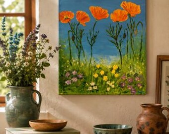 Where the Poppies Grow – Original 11x14 California Poppy Painting | Colorful Wildflower Acrylic | California Wall Art