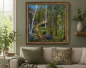 The Quiet Place – Original Forest Landscape Painting with Deer – Acrylic Woodland Art