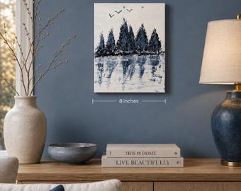 Winter Reflections – Original 8x10 Landscape Painting | Minimalist Blue and White Acrylic Trees