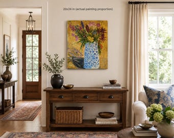 Original Acrylic Painting, Blue and White Vase, Floral Still Life (20x24 inches)