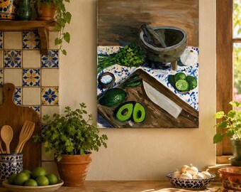Original Avocado Molcajete Painting – Mexican Kitchen Still Life Food Art