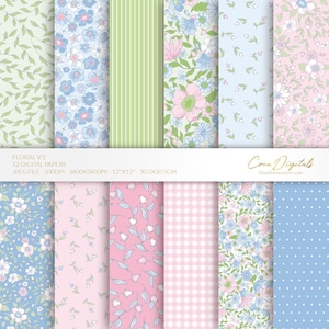 Carta digitale floreale, motivo senza soluzione di continuità celeste, rosa e verde, fiorellini, confezione da 12 fogli digitali, DOWNLOAD IMMEDIATO