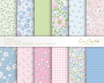 Floral digital paper, baby blue, pink and green seamless pattern, ditsy flowers, 12 digital paper pack, INSTANT DOWNLOAD