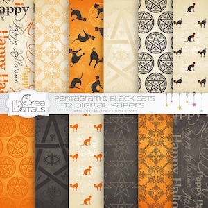 Halloween pentagram & black cats - 12  digital papers - INSTANT DOWNLOAD