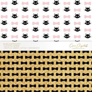 May include: Two digital paper designs featuring a repeating pattern of black cats with pink bows on a white background and black bow ties on a gold glitter background. The papers are 30.5 cm by 30.5 cm.