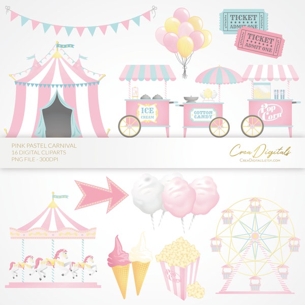 Pink pastel carnival / circus, 16 digital cliparts, INSTANT DOWNLOAD