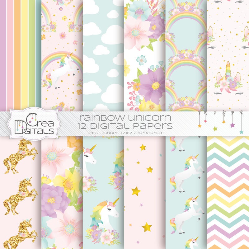 Unicorn pastel rainbow papers, gold glitter unicorn pattern, floral u…