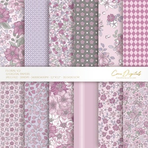 Carta digitale floreale, motivo senza soluzione di continuità lavanda e grigio, fiori piccoli, confezione da 12 fogli digitali volume 2, DOWNLOAD IMMEDIATO