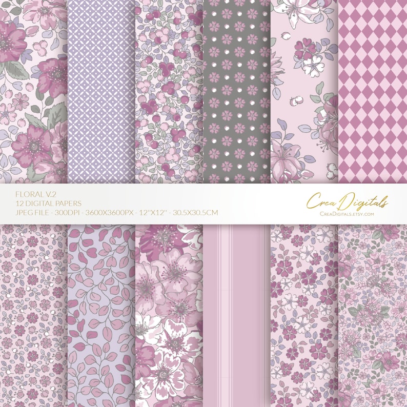 Floral Digital Paper, Lavender and Grey Seamless Pattern, Ditsy Flowers ...