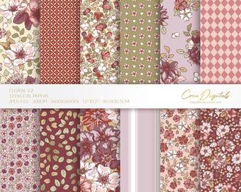 Floral digital paper, burgundy and pink seamless pattern, ditsy flowers, 12 digital paper pack volume 2, INSTANT DOWNLOAD
