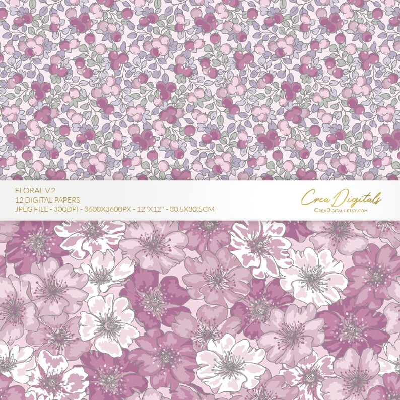 Floral Digital Paper, Lavender and Grey Seamless Pattern, Ditsy Flowers ...