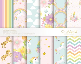 Unicorn pastel rainbow papers, gold glitter unicorn seamless pattern, floral unicorn, 12 digital paper pack, INSTANT DOWNLOAD