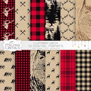 Rustic lumberjack buffalo plaid, 12 wild woodland digital papers, DIRECT DOWNLOAD