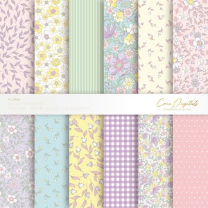 Carta digitale floreale, motivo senza cuciture lilla, giallo, blu e rosa, fiori ditsy, pacchetto di carta digitale da 12, DOWNLOAD IMMEDIATO