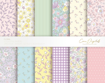 Floral digital paper, lilac, yellow, blue and pink seamless pattern, ditsy flowers, 12 digital paper pack, INSTANT DOWNLOAD