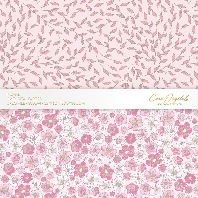Floral Digital Paper, Pink Seamless Pattern, Ditsy Flowers, 12 Digital ...