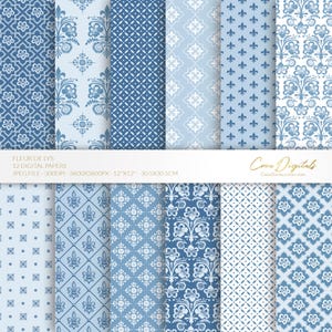 Motif numérique fleur de lys, 12 papiers bleus imprimables, papier peint répétitif historique, arrière-plan damassé transparent, TÉLÉCHARGEMENT IMMÉDIAT