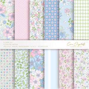 Carta digitale floreale, motivo senza soluzione di continuità celeste, rosa e verde, fiorellini, confezione da 12 fogli digitali volume 2, DOWNLOAD IMMEDIATO