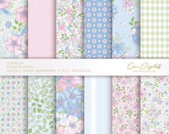 May include: A set of 12 digital papers featuring floral patterns in shades of pink, blue, and green. The patterns include a variety of floral designs, including roses, leaves, and hearts. The papers are 3600x3600 pixels and are perfect for scrapbooking, card making, and other craft projects.