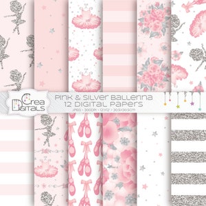 Ballerina, 12 pink and silver digital papers, ballet and tutu printables, DIRECT DOWNLOAD
