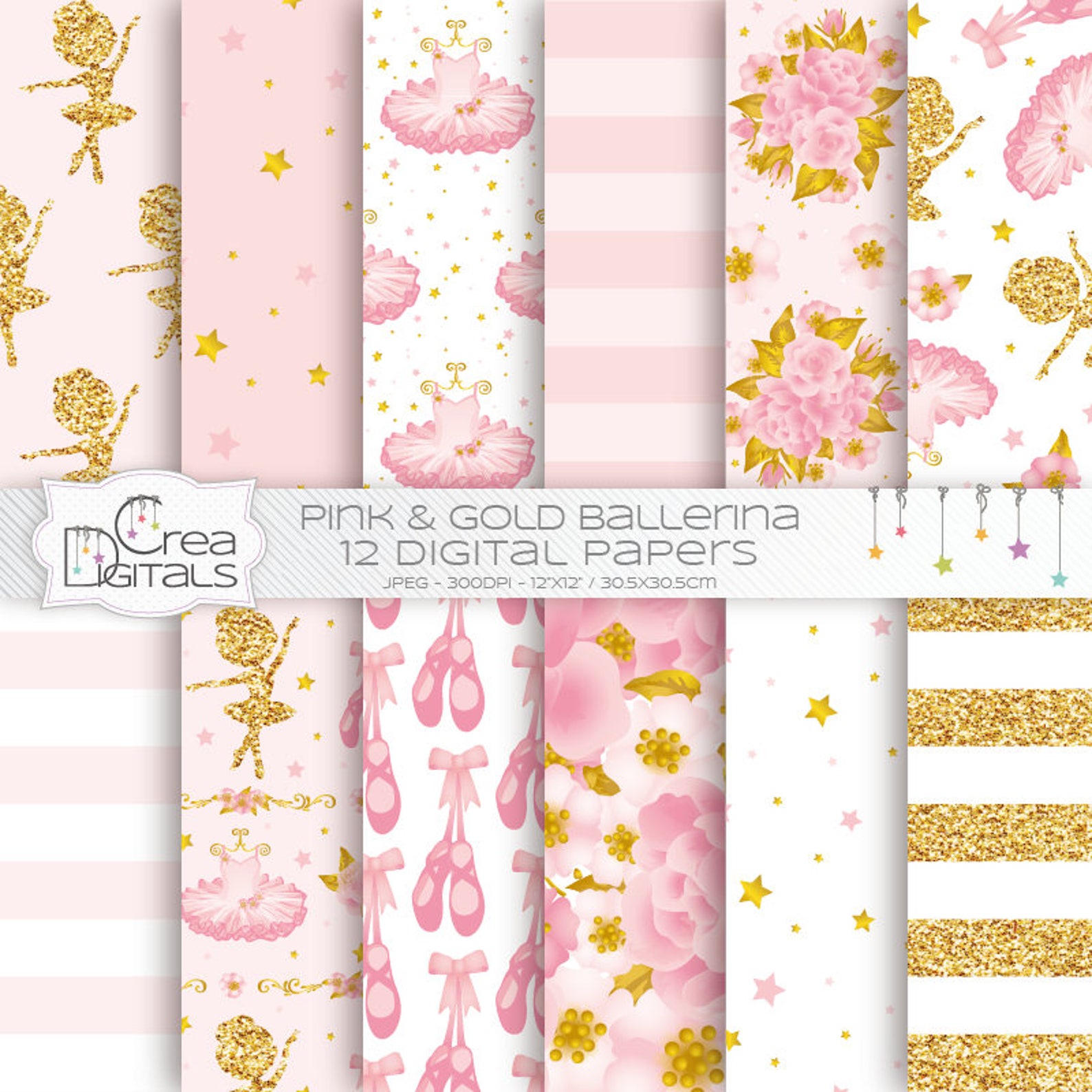 ballerina - 12 pink and gold digital papers - ballet and tutu printables - direct download