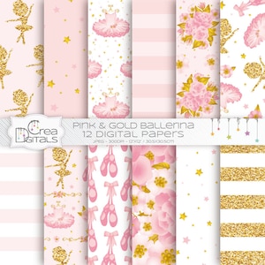 Ballerina, 12 pink and gold digital papers, ballet and tutu printables, DIRECT DOWNLOAD