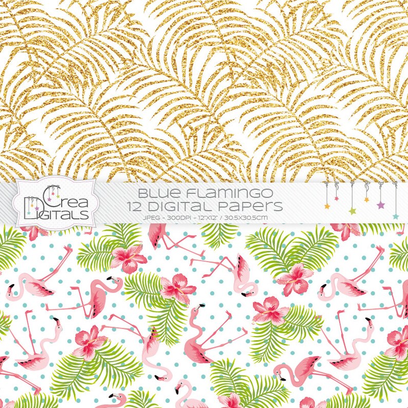 Tropical gold glitter flamingo, 12 digital paper pack, INSTANT DOWNLOAD image 3