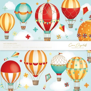 Hot Air Balloon, kite, clouds, bow, pinwheel, stars, red, orange and blue 50 digital cliparts, INSTANT DOWNLOAD